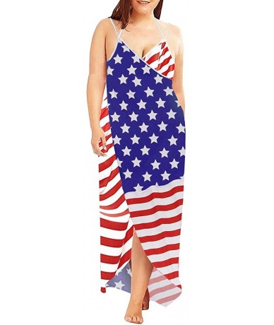 Cover-Ups Womens Plus Size Swim Cover Ups Spaghetti Strap Beach Backless Wrap Long Dress - American Flag - CY18QRWA3EG $31.05