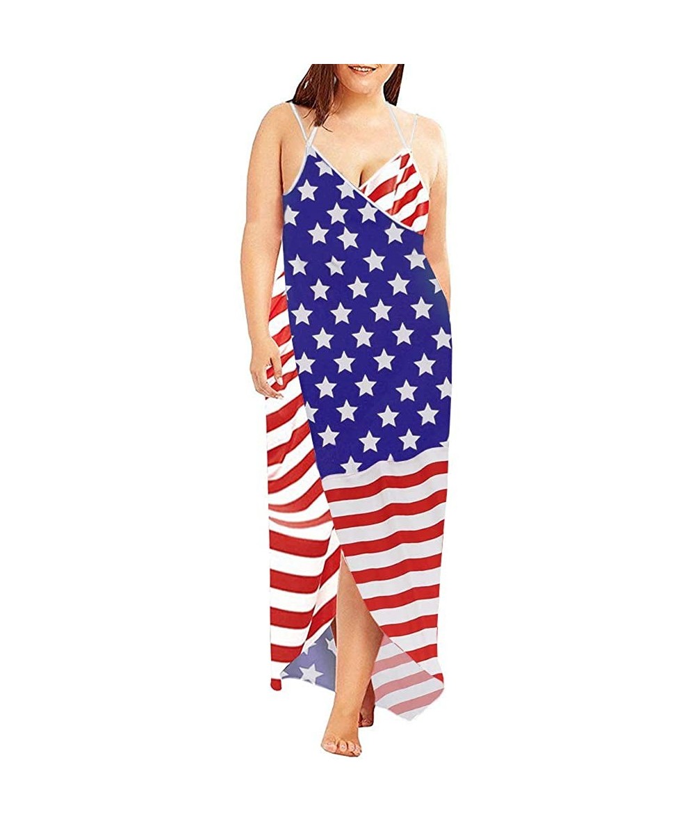 Cover-Ups Womens Plus Size Swim Cover Ups Spaghetti Strap Beach Backless Wrap Long Dress - American Flag - CY18QRWA3EG $31.05