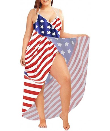 Cover-Ups Womens Plus Size Swim Cover Ups Spaghetti Strap Beach Backless Wrap Long Dress - American Flag - CY18QRWA3EG $31.05