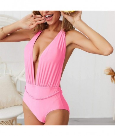 One-Pieces Women's Monokini Deep V-Neck Plunge Backless High Waisted One Piece Swimsuit High Waisted Halter Swimwear - Pink -...