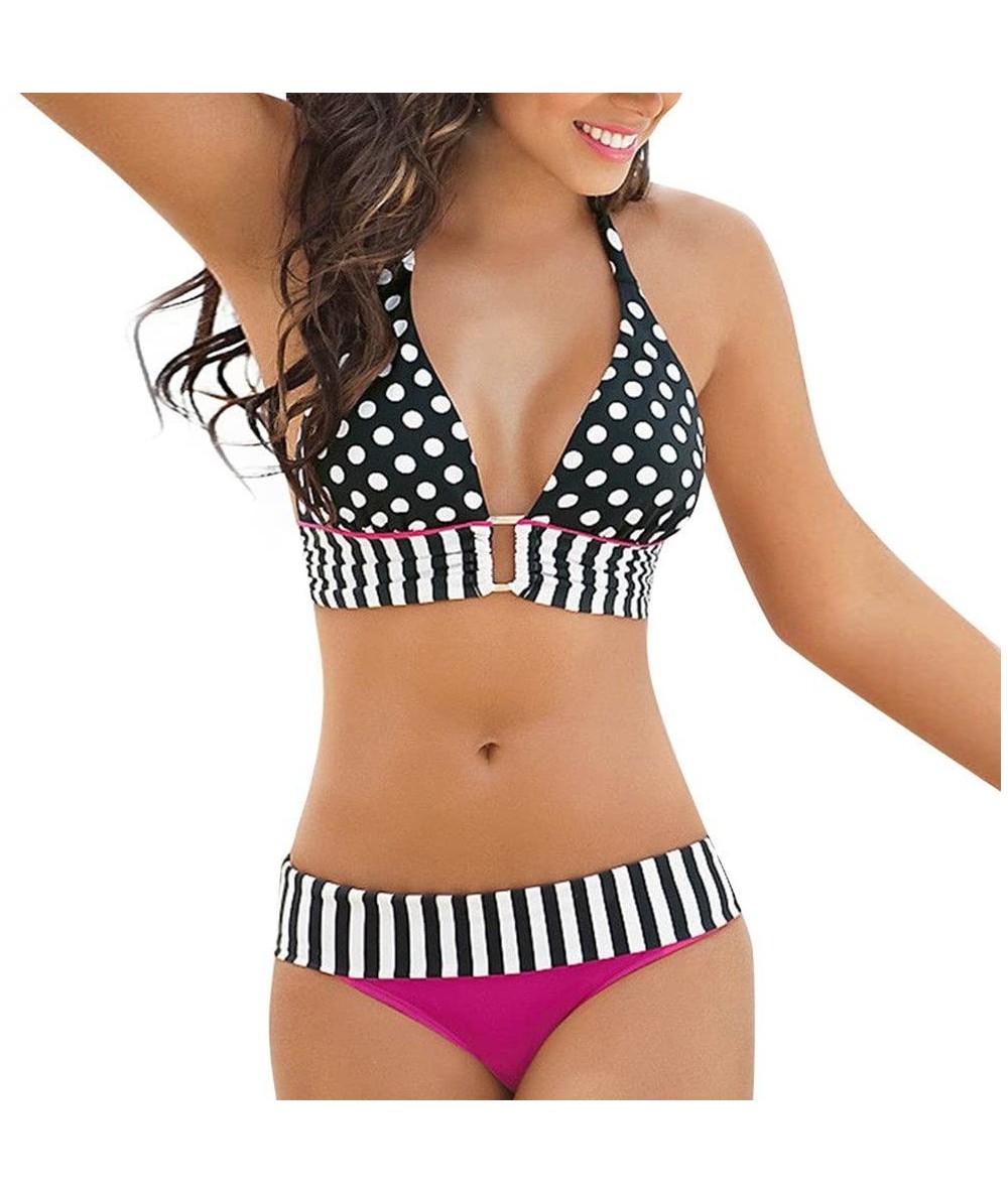 Tankinis Women Halter Swimsuit Dot Stripe Print Bikini Set Adjustable Two Piece Bathing Suit Padded Swimwear Hot Pink L Hot P...