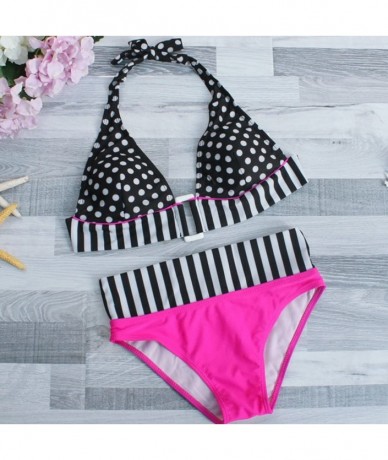 Tankinis Women Halter Swimsuit Dot Stripe Print Bikini Set Adjustable Two Piece Bathing Suit Padded Swimwear Hot Pink L Hot P...