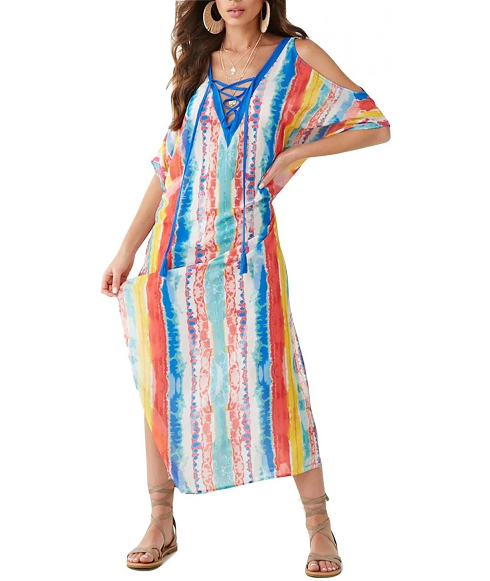 Cover-Ups Women's Swimwear Swimsuit Cover ups Rainbow Print Fast Dry Off Shoulder Turkish Kaftans Cover up (5901) - C618I3UN9...