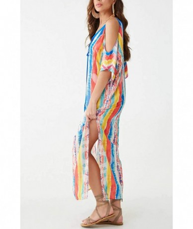 Cover-Ups Women's Swimwear Swimsuit Cover ups Rainbow Print Fast Dry Off Shoulder Turkish Kaftans Cover up (5901) - C618I3UN9...