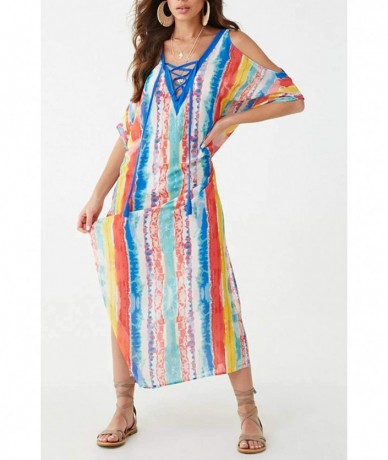 Cover-Ups Women's Swimwear Swimsuit Cover ups Rainbow Print Fast Dry Off Shoulder Turkish Kaftans Cover up (5901) - C618I3UN9...