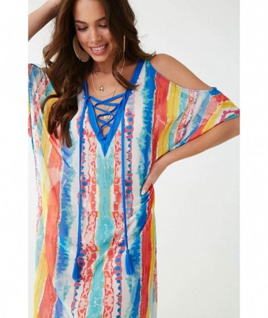 Cover-Ups Women's Swimwear Swimsuit Cover ups Rainbow Print Fast Dry Off Shoulder Turkish Kaftans Cover up (5901) - C618I3UN9...