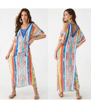 Cover-Ups Women's Swimwear Swimsuit Cover ups Rainbow Print Fast Dry Off Shoulder Turkish Kaftans Cover up (5901) - C618I3UN9...