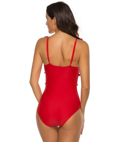 One-Pieces Women One Piece Swimsuit Plunge V Neck Monokini Ruffle Bathing Suits - Red - C41966OXUTI $43.79