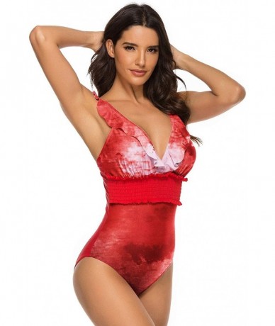 One-Pieces Women One Piece Swimsuit Plunge V Neck Monokini Ruffle Bathing Suits - Red - C41966OXUTI $43.79