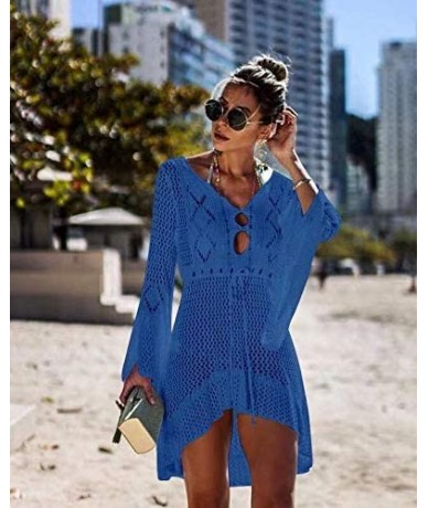 Cover-Ups Women's Crochet Chiffon Swimsuit Bikini Pom Pom Trim Beach Cover Up Hollow Out V Neck Bathing Suit Swimwear Dress -...