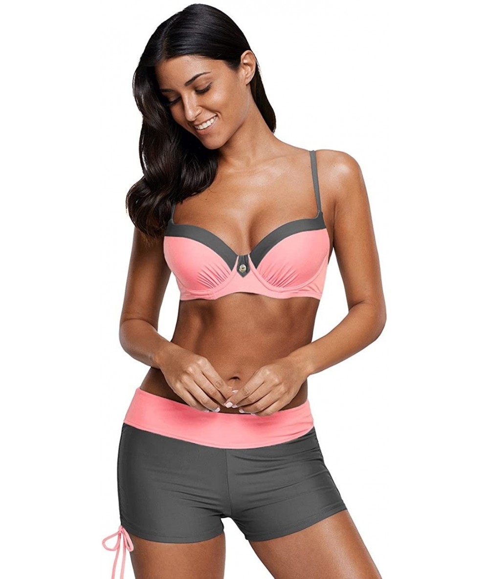 Sets Women's Push Up Bikini Swimsuit Two Pieces Athletic Swimwear with Boyshort - Pink - CM1802EZ0DI $43.98