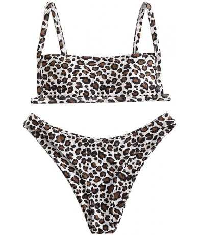 Sets Women's Ribbed Square Neck Padded High Cut String Bikini Set Swimsuit - B-leopard - C4198XWGGND $34.49