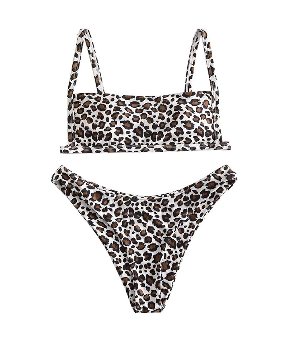 Sets Women's Ribbed Square Neck Padded High Cut String Bikini Set Swimsuit - B-leopard - C4198XWGGND $34.49