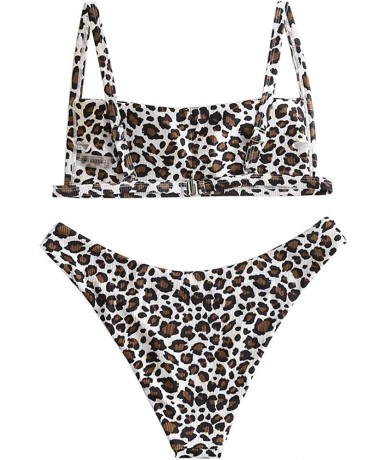 Sets Women's Ribbed Square Neck Padded High Cut String Bikini Set Swimsuit - B-leopard - C4198XWGGND $34.49