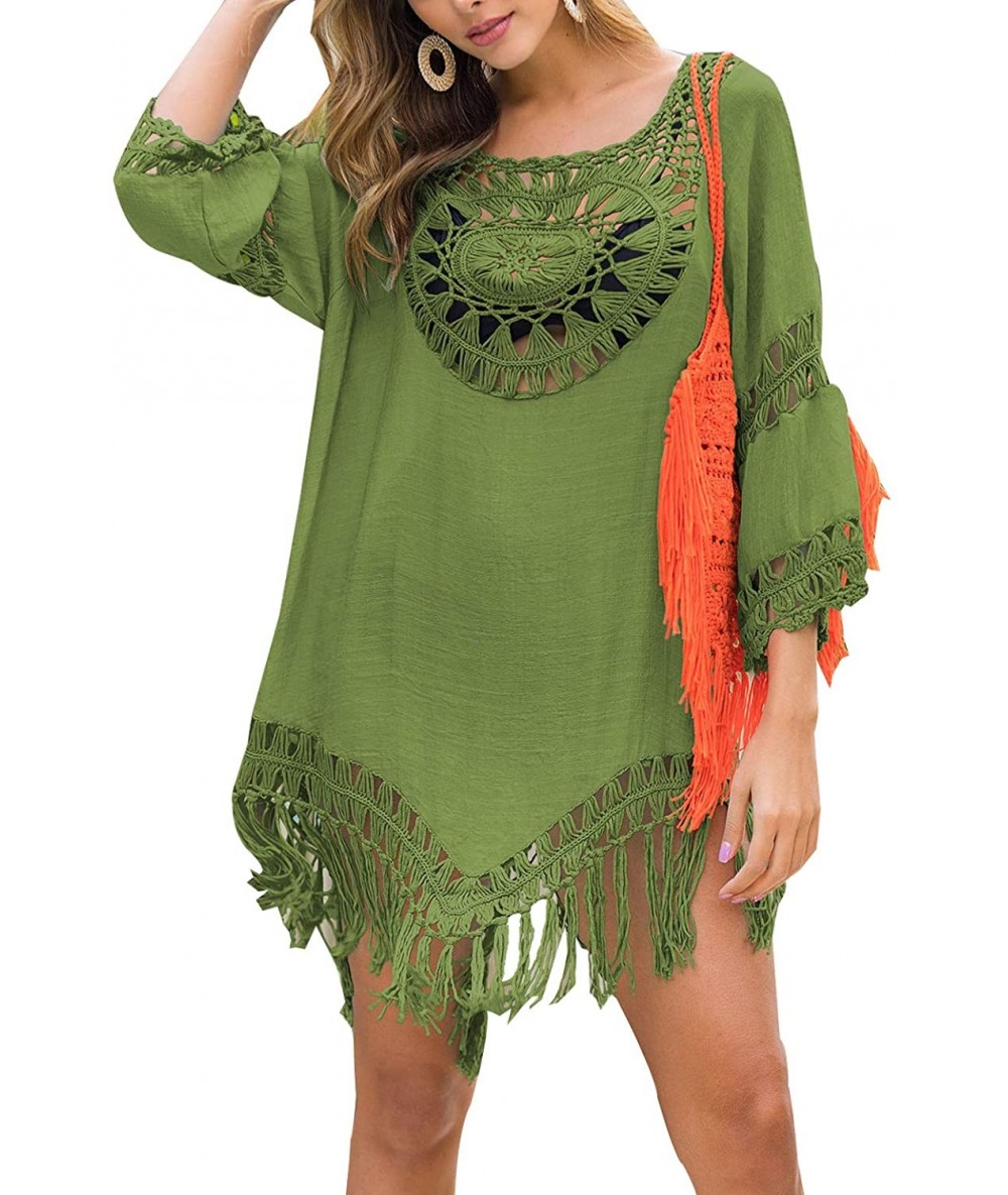 Cover-Ups Women's Sexy Handmade Crochet Bikini Swimsuit Cover Hollow Out Tassels Beach Dress - Army Green - CJ195Y6G2XG $44.17