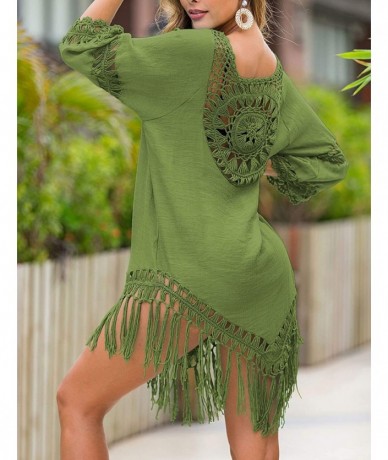 Cover-Ups Women's Sexy Handmade Crochet Bikini Swimsuit Cover Hollow Out Tassels Beach Dress - Army Green - CJ195Y6G2XG $44.17