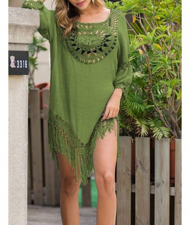 Cover-Ups Women's Sexy Handmade Crochet Bikini Swimsuit Cover Hollow Out Tassels Beach Dress - Army Green - CJ195Y6G2XG $44.17