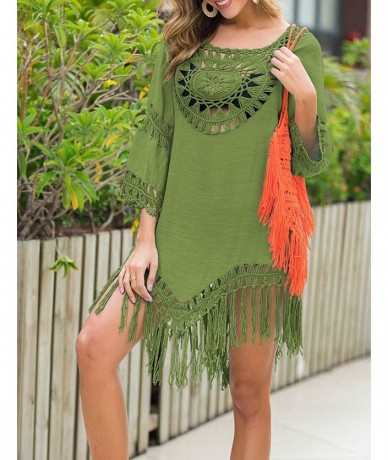 Cover-Ups Women's Sexy Handmade Crochet Bikini Swimsuit Cover Hollow Out Tassels Beach Dress - Army Green - CJ195Y6G2XG $44.17