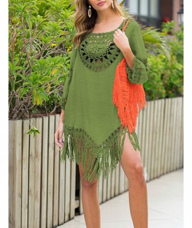 Cover-Ups Women's Sexy Handmade Crochet Bikini Swimsuit Cover Hollow Out Tassels Beach Dress - Army Green - CJ195Y6G2XG $44.17