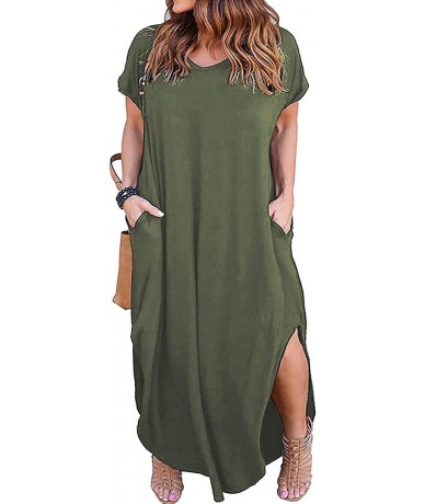 Cover-Ups Women's Plus Size Casual Loose Pocket Long Dress Short Sleeve Plus Size Slit Maxi Dress XL-5X - Army Green - CC18T0...