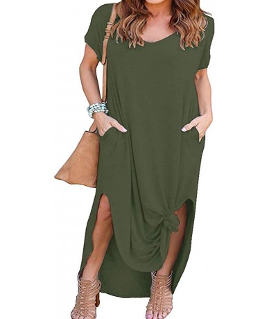 Cover-Ups Women's Plus Size Casual Loose Pocket Long Dress Short Sleeve Plus Size Slit Maxi Dress XL-5X - Army Green - CC18T0...