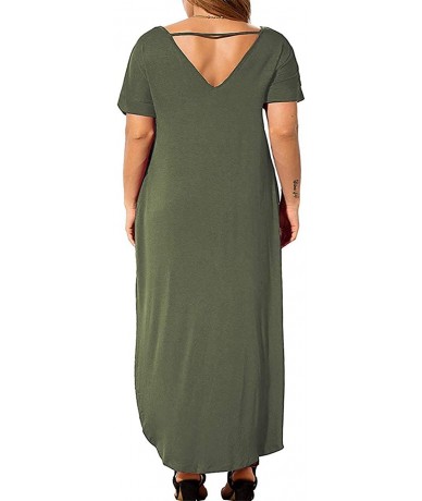 Cover-Ups Women's Plus Size Casual Loose Pocket Long Dress Short Sleeve Plus Size Slit Maxi Dress XL-5X - Army Green - CC18T0...