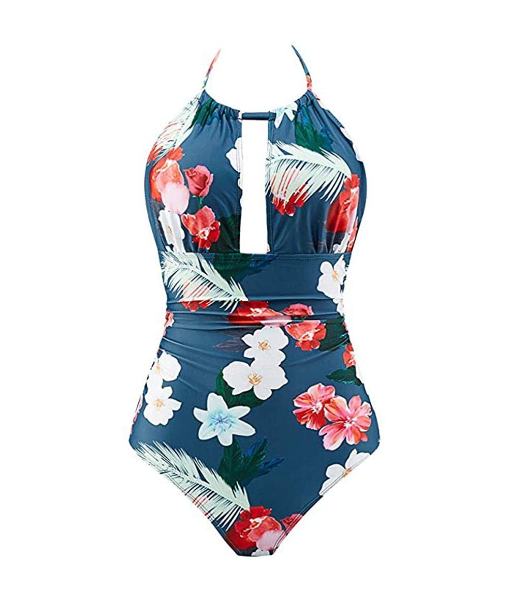 Rash Guards Women's One Piece Swimwear Backless Tummy Control Monokini Swimsuits - Blue - CF18SYENHTS $34.72