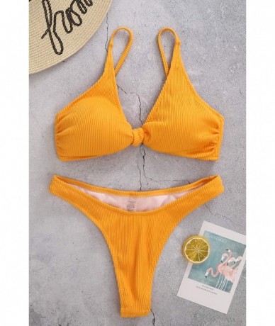 Sets Women Tie Knot Swimsuit Solid Bathing Suits Thong Bikini Set Push up Padded Swimwear - Bikini Yellow - CU193S7YCTM $37.26