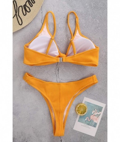 Sets Women Tie Knot Swimsuit Solid Bathing Suits Thong Bikini Set Push up Padded Swimwear - Bikini Yellow - CU193S7YCTM $37.26