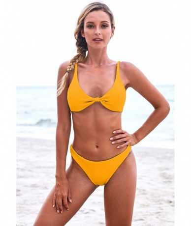 Sets Women Tie Knot Swimsuit Solid Bathing Suits Thong Bikini Set Push up Padded Swimwear - Bikini Yellow - CU193S7YCTM $37.26