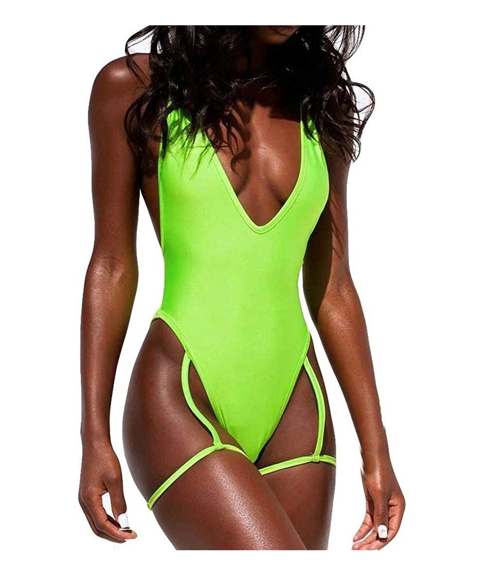 Tankinis Deep V Neck Sexy Garter Belt Bikinis for Women 2019 Spaghetti Straps Cross On Back One Piece Swimsuits - Green - CW1...