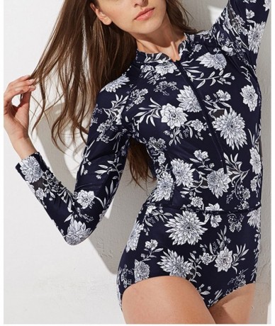 One-Pieces Womens Print Floral One Piece Swimsuit Long Sleeve Swimwear - Black - CT18G2MEN7M $43.23