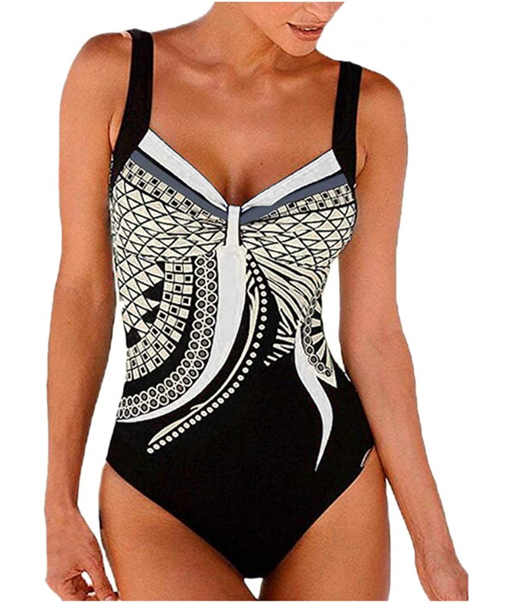 Tankinis Women One Piece Retro Swimsuit Ruched V-Neck Tummy Control Swimwear Printed Bathing Suits - White - CO19234WNOD $23.65