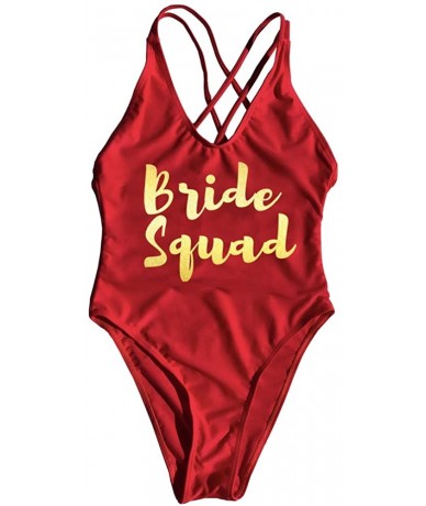 One-Pieces Letter Print Vintage Stappy Cross Back Birde One Piece Swimsuit High Leg Swimwear Bathing Suit Bridesquad red gd -...