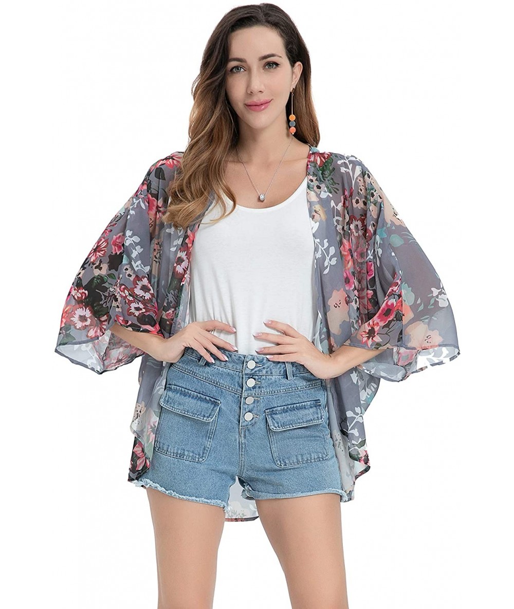 Cover-Ups Kimono Cardigan with Bohemian Floral Print Chiffon Casual Loose Open Front Cover Up Tops - Grey - CL192KORX5C $54.01