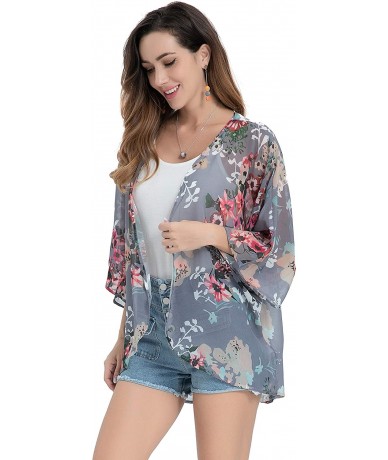 Cover-Ups Kimono Cardigan with Bohemian Floral Print Chiffon Casual Loose Open Front Cover Up Tops - Grey - CL192KORX5C $54.01