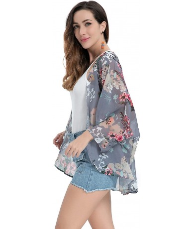 Cover-Ups Kimono Cardigan with Bohemian Floral Print Chiffon Casual Loose Open Front Cover Up Tops - Grey - CL192KORX5C $54.01