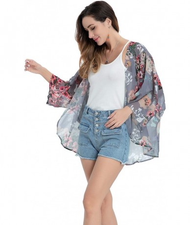 Cover-Ups Kimono Cardigan with Bohemian Floral Print Chiffon Casual Loose Open Front Cover Up Tops - Grey - CL192KORX5C $54.01