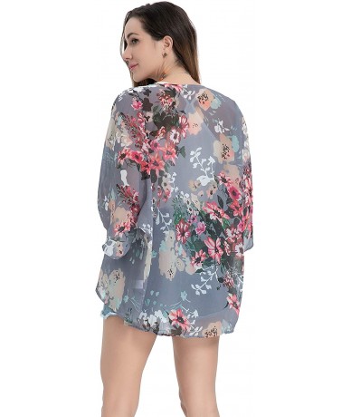 Cover-Ups Kimono Cardigan with Bohemian Floral Print Chiffon Casual Loose Open Front Cover Up Tops - Grey - CL192KORX5C $54.01