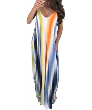 Cover-Ups Women's Spaghetti Strap Maxi Dress V Neck Tie Dye Loose Beach Oversized Beachdress - Blue - CQ18TG7OHLN $50.70