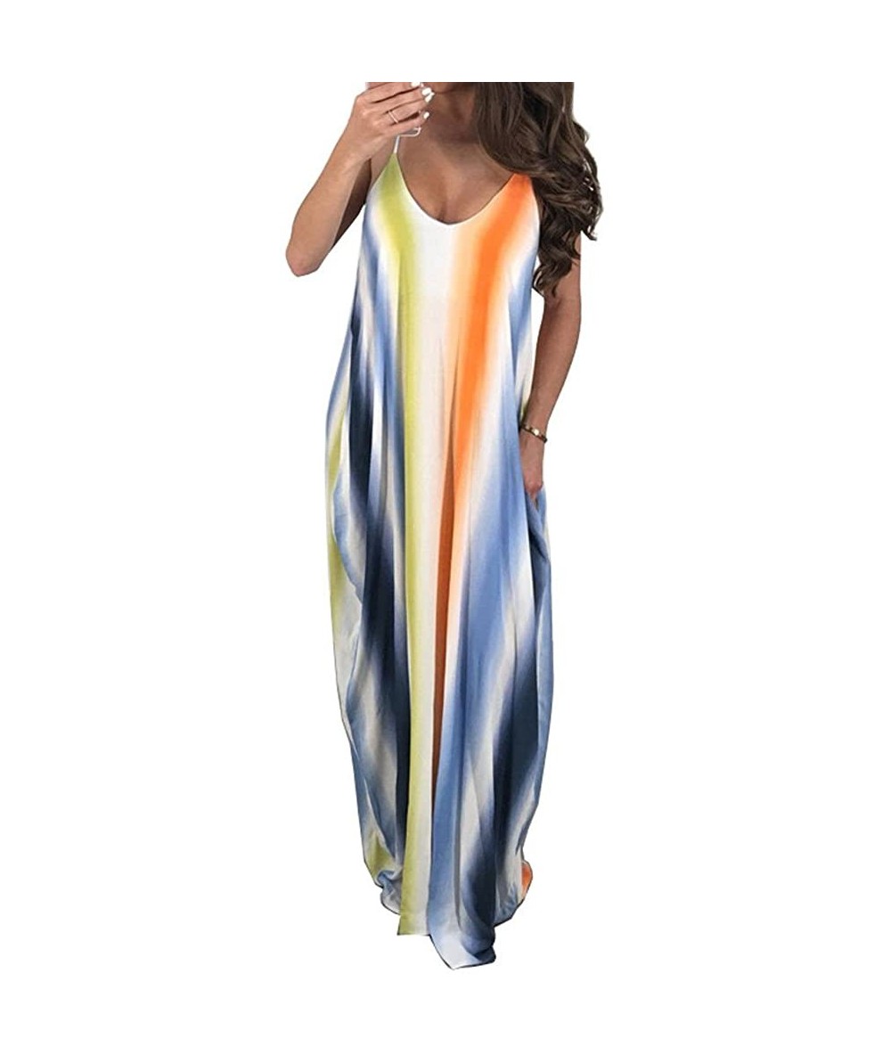 Cover-Ups Women's Spaghetti Strap Maxi Dress V Neck Tie Dye Loose Beach Oversized Beachdress - Blue - CQ18TG7OHLN $50.70