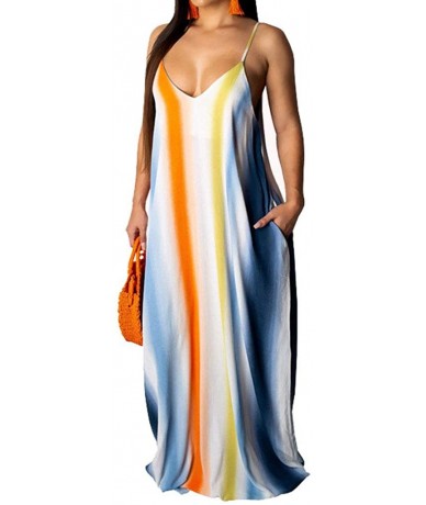 Cover-Ups Women's Spaghetti Strap Maxi Dress V Neck Tie Dye Loose Beach Oversized Beachdress - Blue - CQ18TG7OHLN $50.70