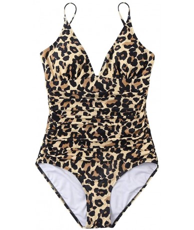 One-Pieces Women Retro Halter One Piece Swimsuits Sexy Slimming Ruched Monokini - 85 Cheetah - CT19403O9IM $40.24