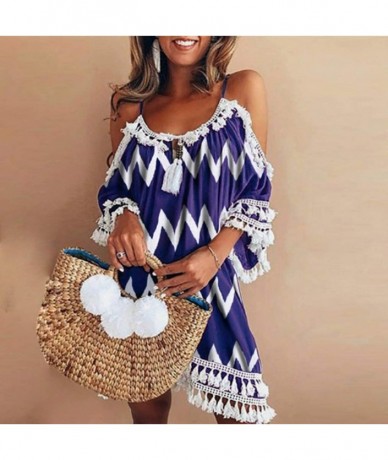 Board Shorts Women Off Shoulder Dress Tassel Short Cocktail Party Beach Dress Sundress - Purple-1 - CX18TOS8XD7 $33.66