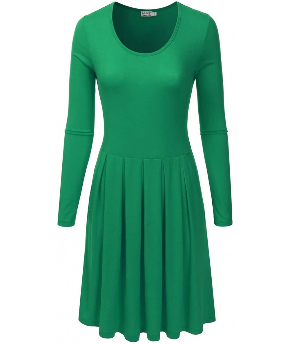 Cover-Ups Women's Long Sleeve Pleated Loose Swing Midi Dress with Pockets (XS-XXL) - Dbd005_kellygreen - CG196XGDZGT $40.21