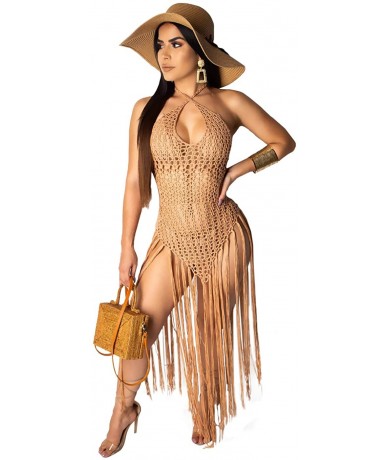 Cover-Ups Womens Halter Crochet Tassel Swimwear Summer Beach Dress Bikini Cover Up - Brown - CP19CGN97K5 $61.36