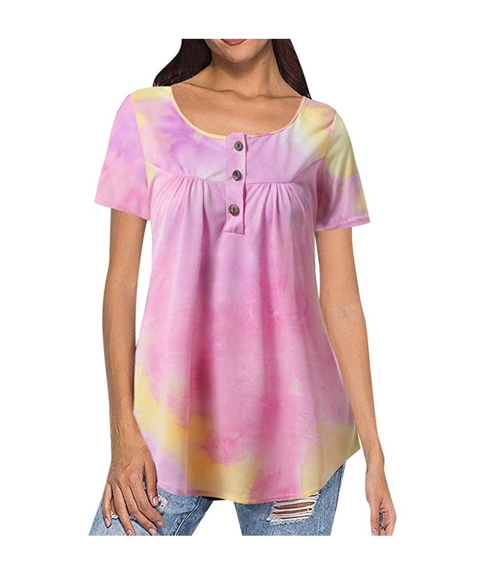 Cover-Ups Plus Size Women's Flowy Tops Shirt Summer Casual Tie-Dye Short Sleeve Button V-Neck Loose Blouse Tunic - Pink - CW1...