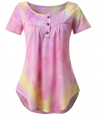 Cover-Ups Plus Size Women's Flowy Tops Shirt Summer Casual Tie-Dye Short Sleeve Button V-Neck Loose Blouse Tunic - Pink - CW1...