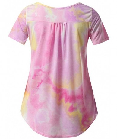 Cover-Ups Plus Size Women's Flowy Tops Shirt Summer Casual Tie-Dye Short Sleeve Button V-Neck Loose Blouse Tunic - Pink - CW1...