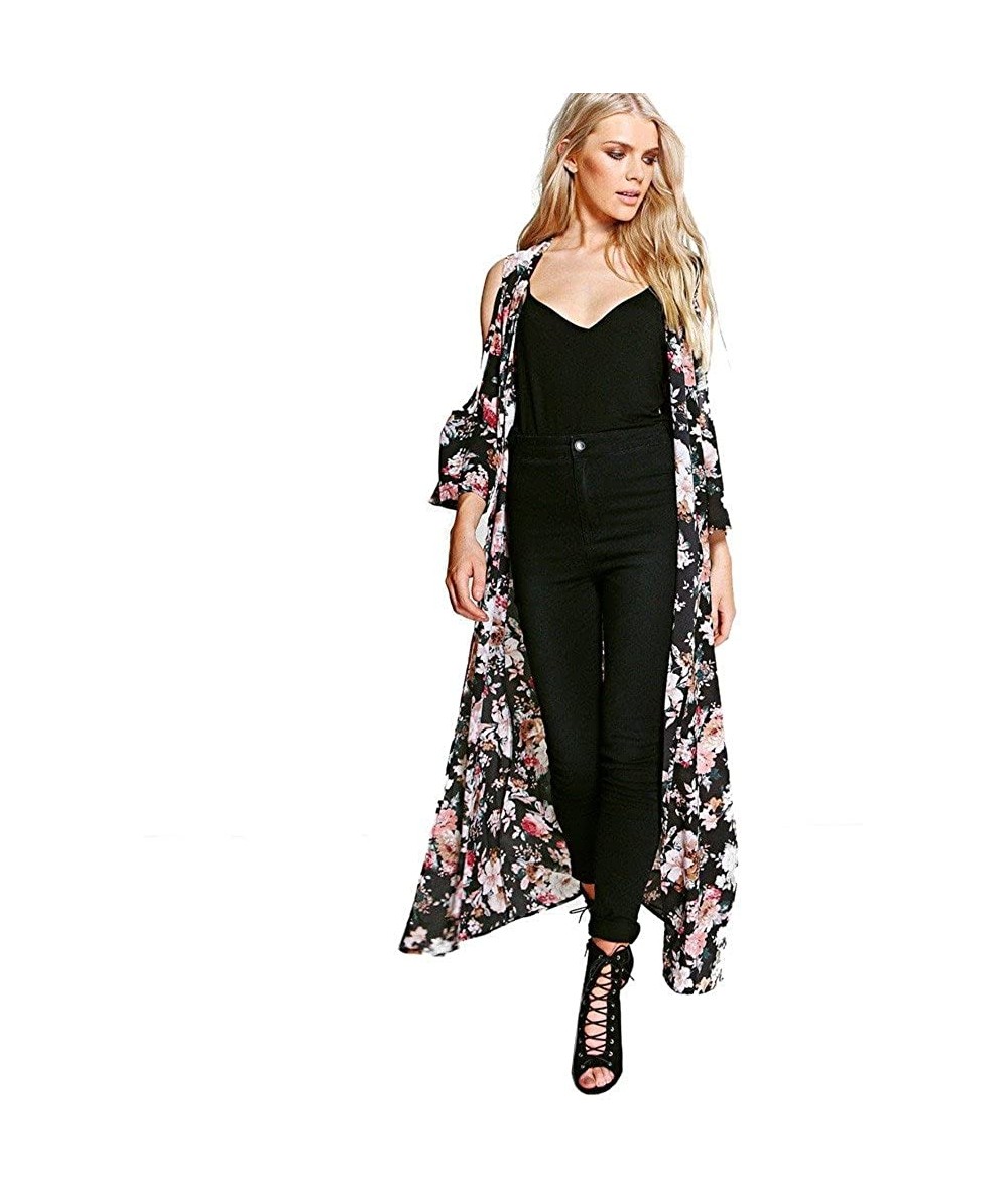 Cover-Ups Boho Cardigans Chiffon Kimono for Women Beach Cover Up Loose Shawl Tops - Black 04 - CT19687C4YU $24.10